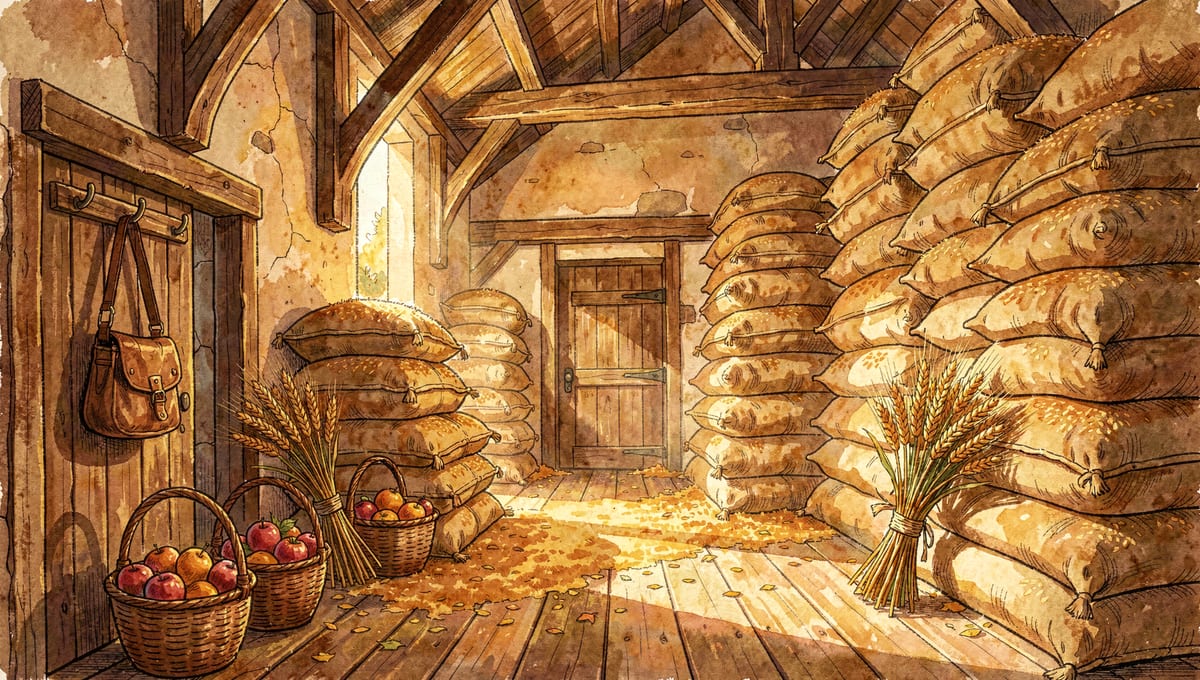 A granary at harvest, grain stacked to the beams