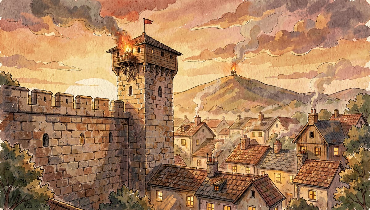 A watchtower at sunset, signal fire lit on a distant hill